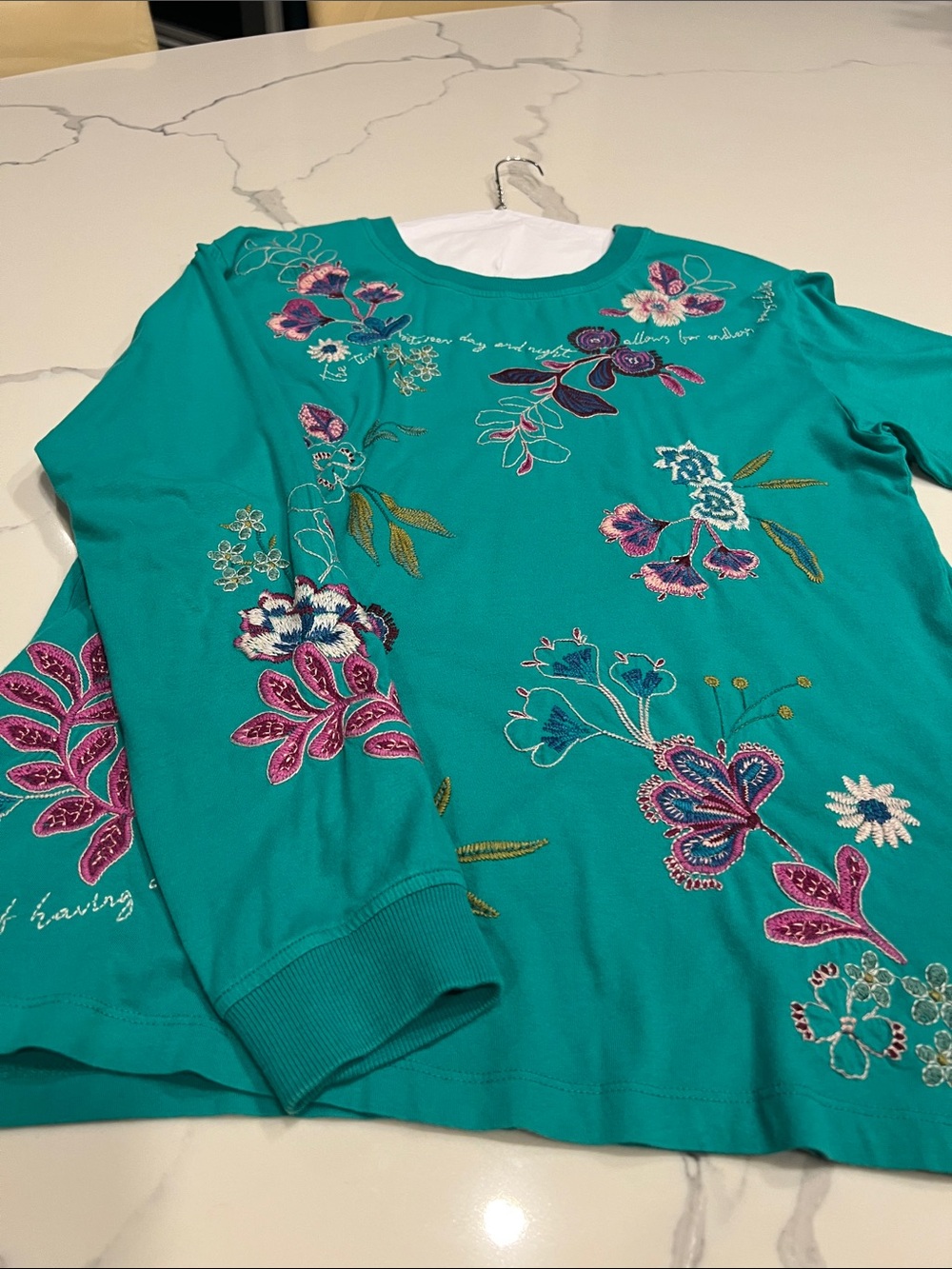 Johnny Was Teal Embroidered Floral Crew Neck Top